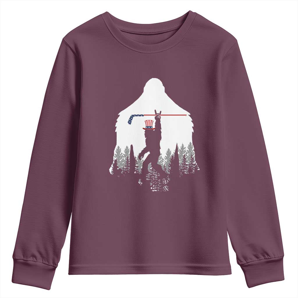 Bigfoot USA Ice Hockey 4th of July Youth Sweatshirt Funny Sasquatch Patriotic American Flag TS14 Maroon Print Your Wear
