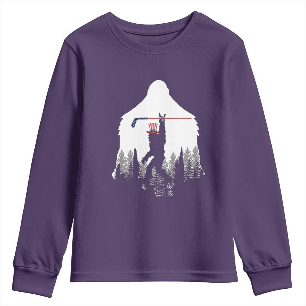 Bigfoot USA Ice Hockey 4th of July Youth Sweatshirt Funny Sasquatch Patriotic American Flag TS14 Purple Print Your Wear