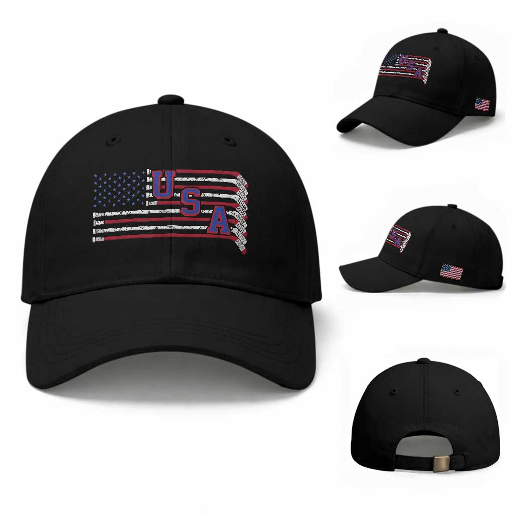 Ice Hockey Sticks American Flag Baseball Cap Patriotic Hockey Fan TS14 Baseball Cap Universal Fit Black Print Your Wear