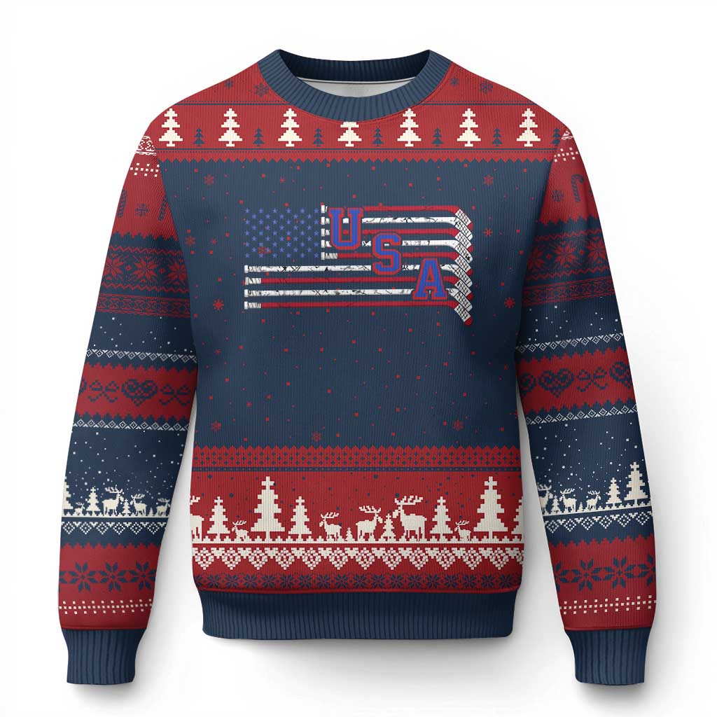 Ice Hockey Sticks American Flag Ugly Christmas Sweater Patriotic Hockey Fan TS14 Navy Red Print Your Wear