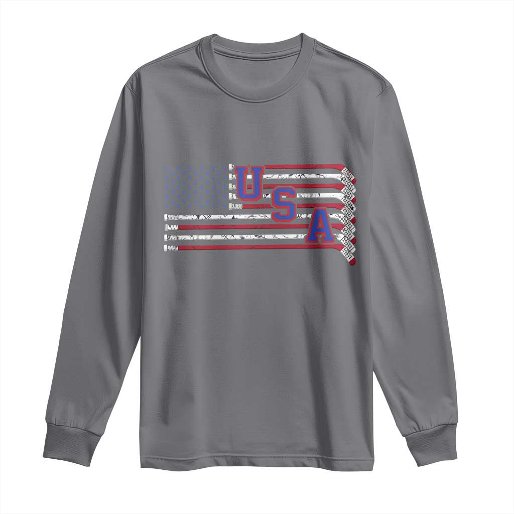 Ice Hockey Sticks American Flag Long Sleeve Shirt Patriotic Hockey Fan TS14 Charcoal Print Your Wear