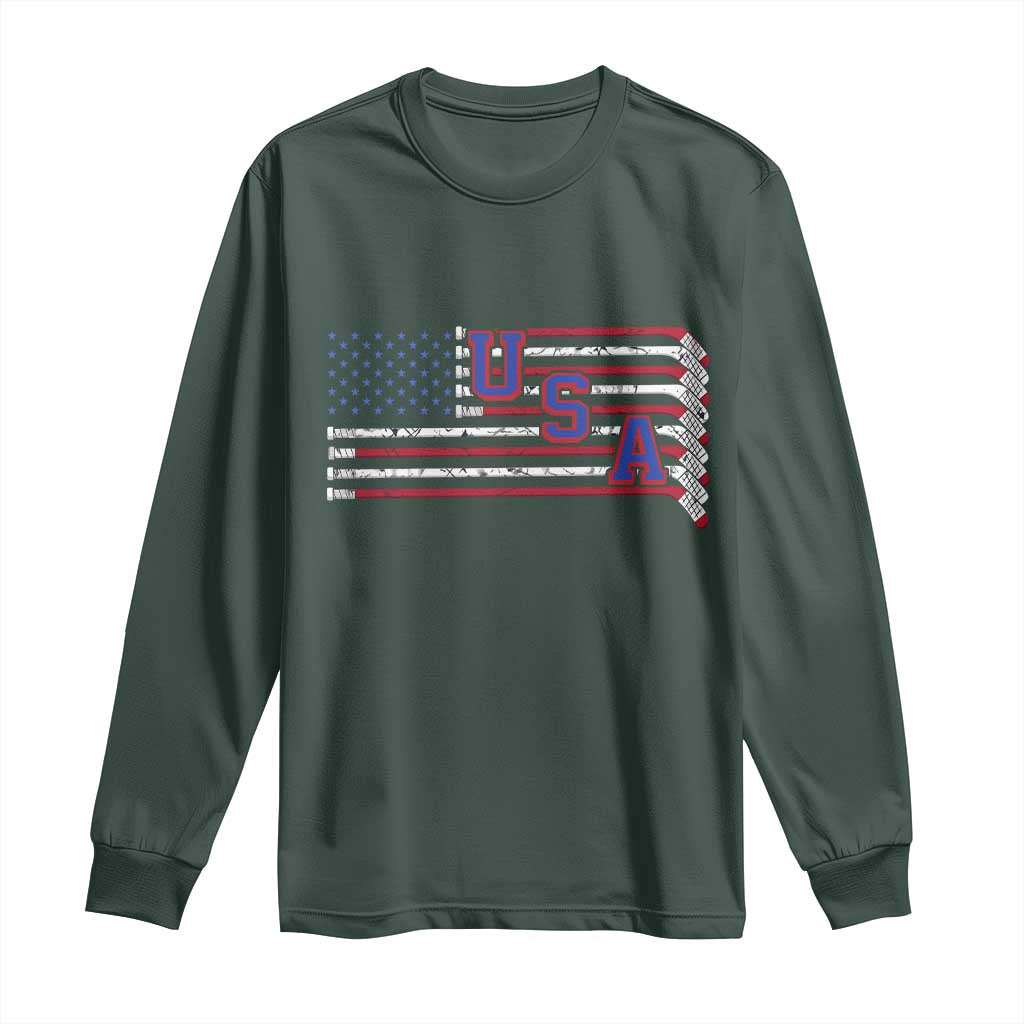 Ice Hockey Sticks American Flag Long Sleeve Shirt Patriotic Hockey Fan TS14 Dark Forest Green Print Your Wear