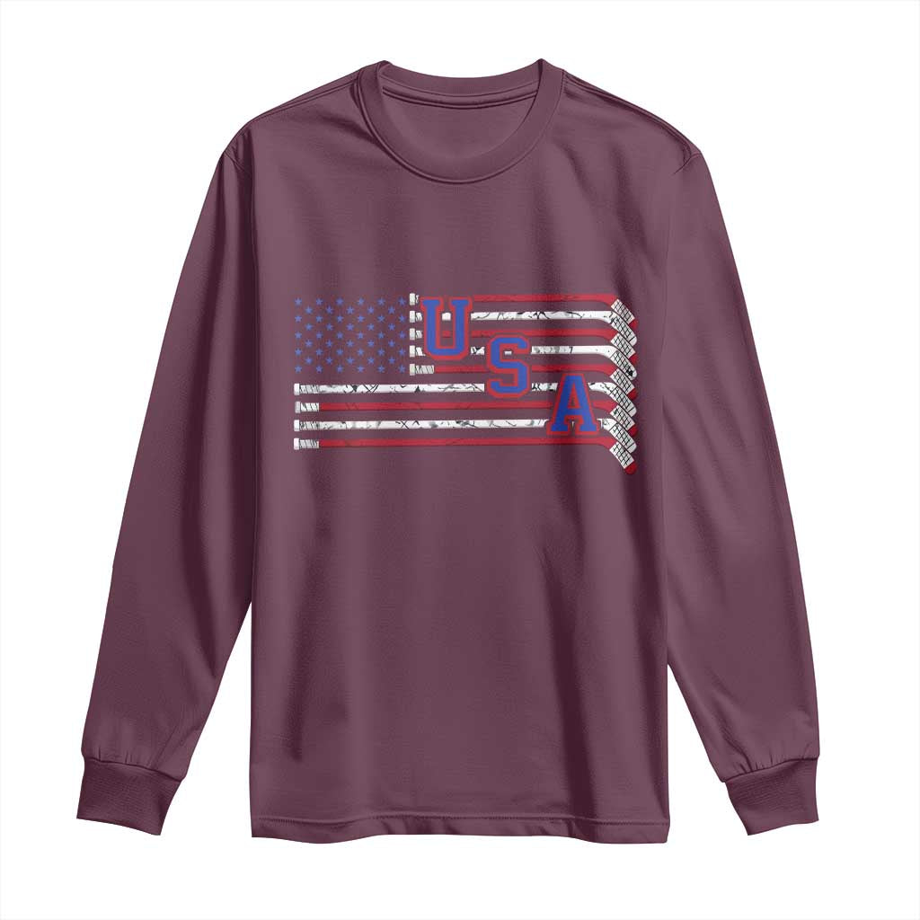 Ice Hockey Sticks American Flag Long Sleeve Shirt Patriotic Hockey Fan TS14 Maroon Print Your Wear