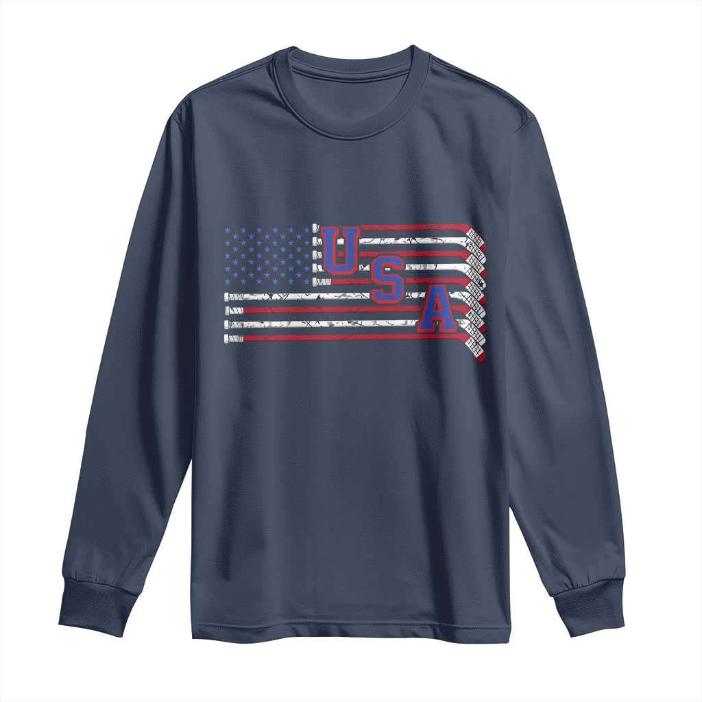 Ice Hockey Sticks American Flag Long Sleeve Shirt Patriotic Hockey Fan TS14 Navy Print Your Wear