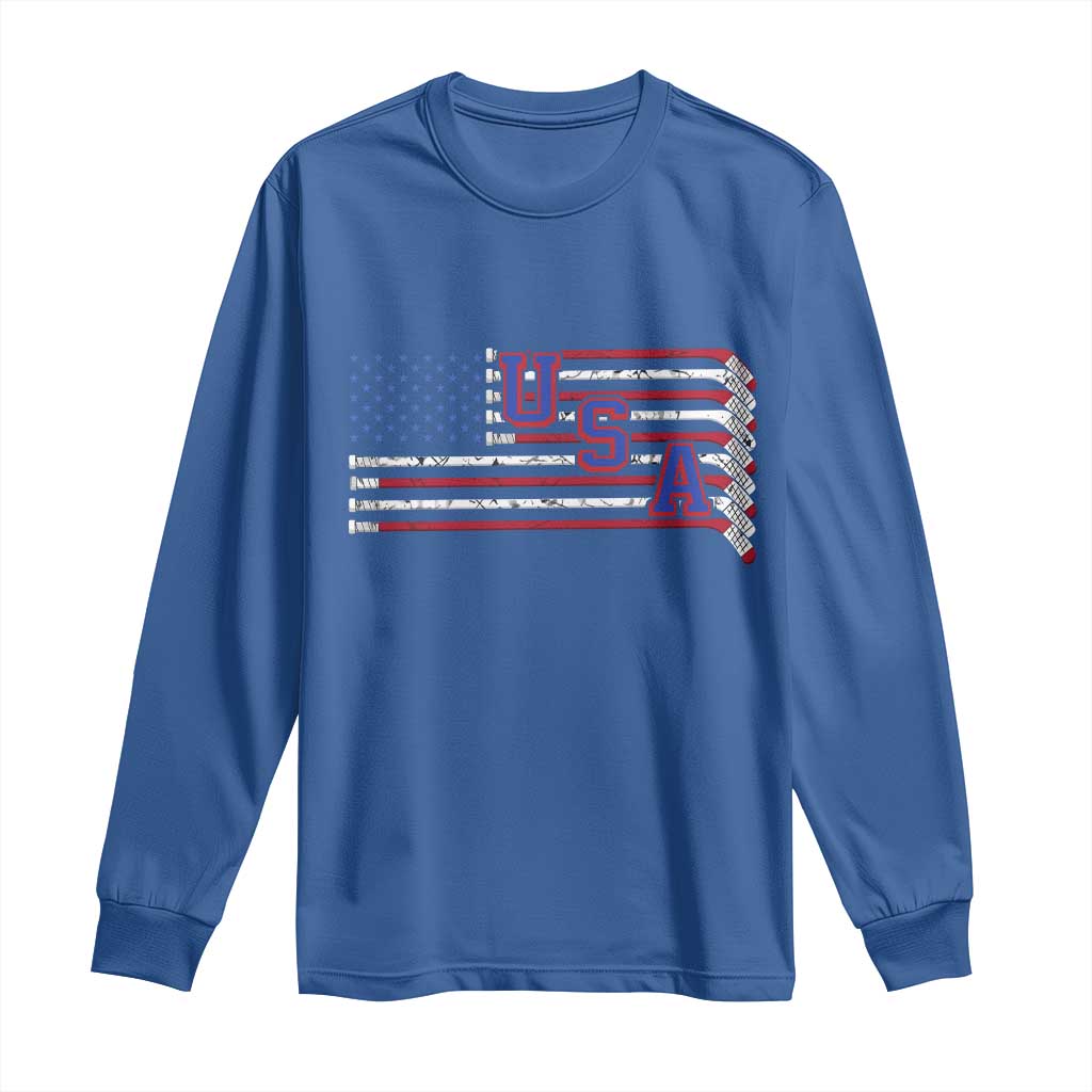 Ice Hockey Sticks American Flag Long Sleeve Shirt Patriotic Hockey Fan TS14 Royal Blue Print Your Wear