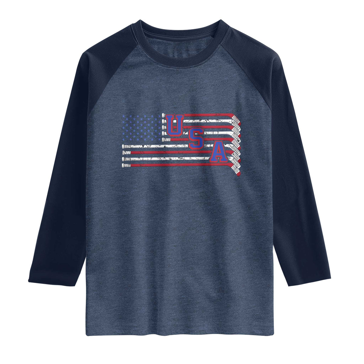Ice Hockey Sticks American Flag Raglan Shirt Patriotic Hockey Fan TS14 Heather Denim Navy Print Your Wear