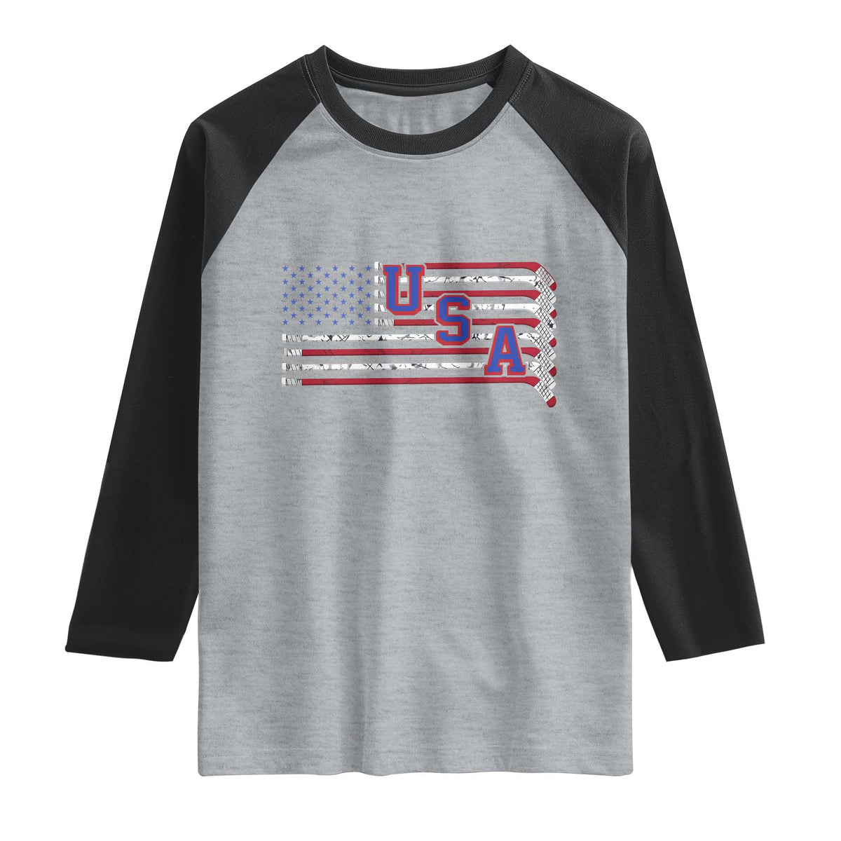 Ice Hockey Sticks American Flag Raglan Shirt Patriotic Hockey Fan TS14 Heather Gray Black Print Your Wear