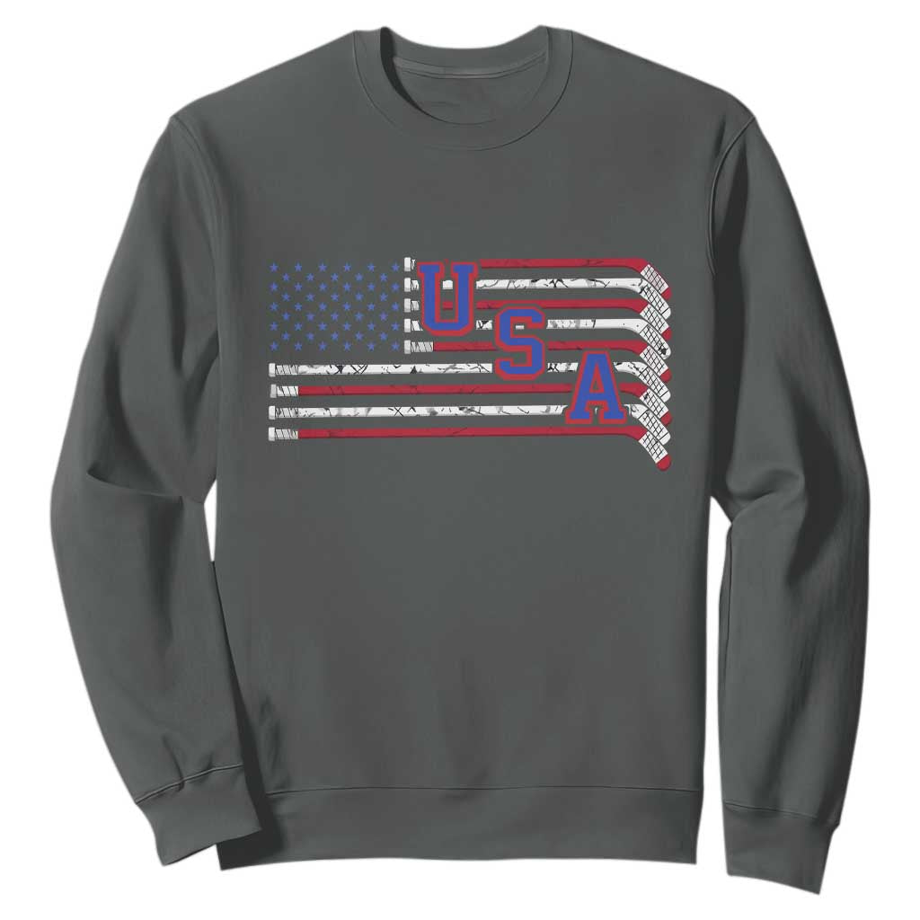 Ice Hockey Sticks American Flag Sweatshirt Patriotic Hockey Fan TS14 Dark Heather Print Your Wear