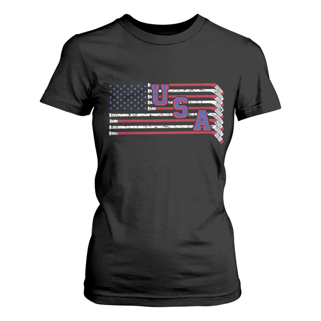 Ice Hockey Sticks American Flag T Shirt For Women Patriotic Hockey Fan TS14 Black Print Your Wear
