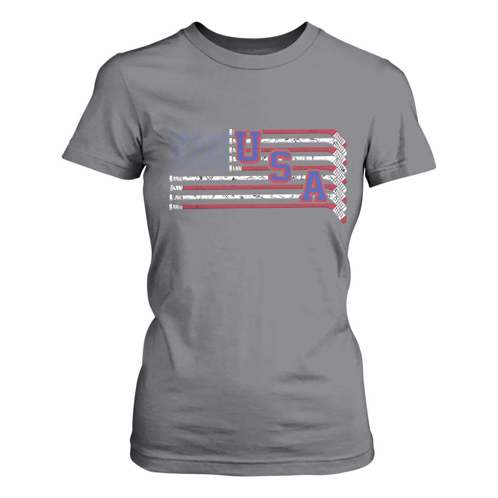 Ice Hockey Sticks American Flag T Shirt For Women Patriotic Hockey Fan TS14 Charcoal Print Your Wear