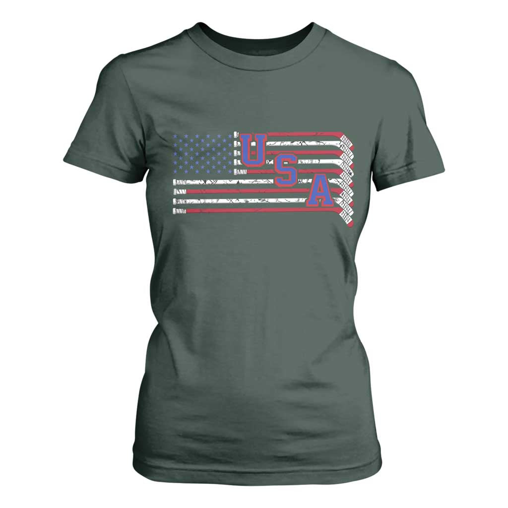 Ice Hockey Sticks American Flag T Shirt For Women Patriotic Hockey Fan TS14 Dark Forest Green Print Your Wear