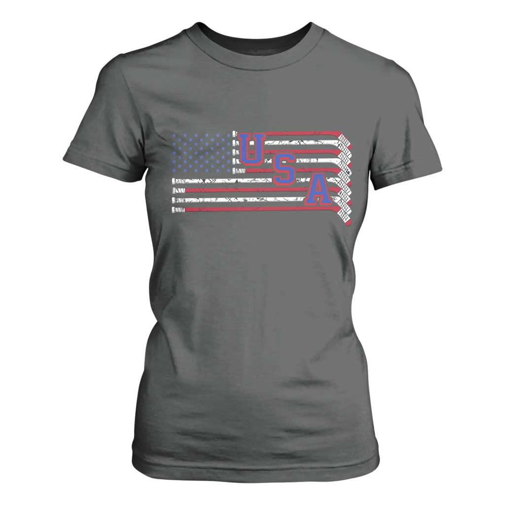 Ice Hockey Sticks American Flag T Shirt For Women Patriotic Hockey Fan TS14 Dark Heather Print Your Wear