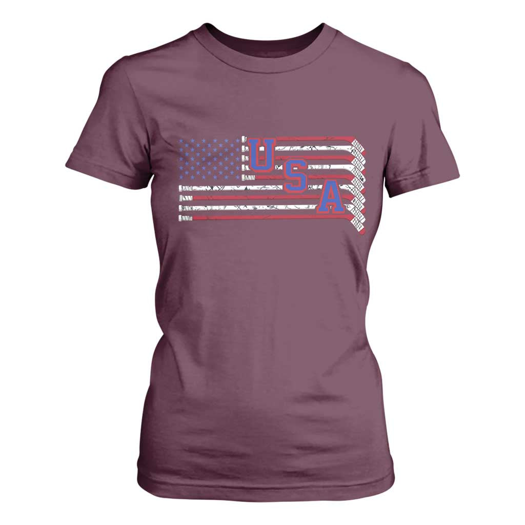 Ice Hockey Sticks American Flag T Shirt For Women Patriotic Hockey Fan TS14 Maroon Print Your Wear
