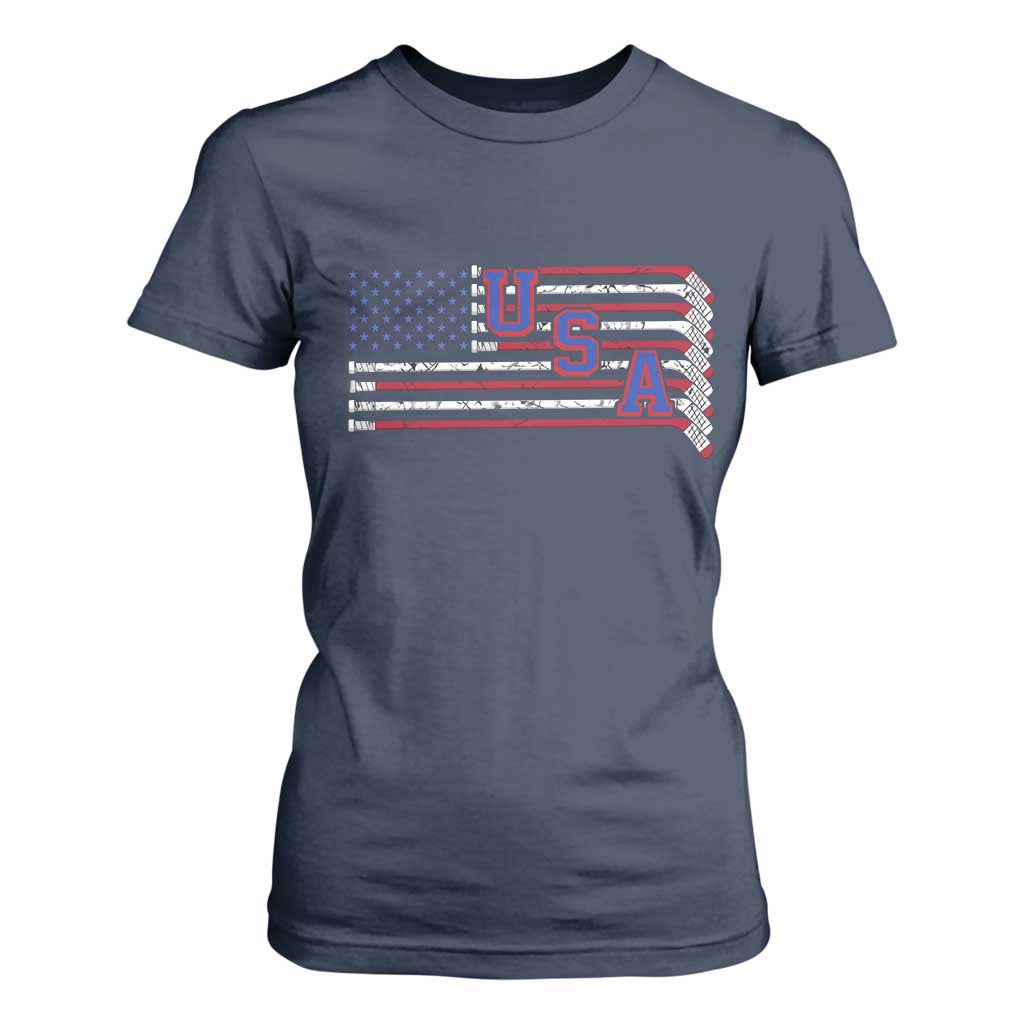 Ice Hockey Sticks American Flag T Shirt For Women Patriotic Hockey Fan TS14 Navy Print Your Wear