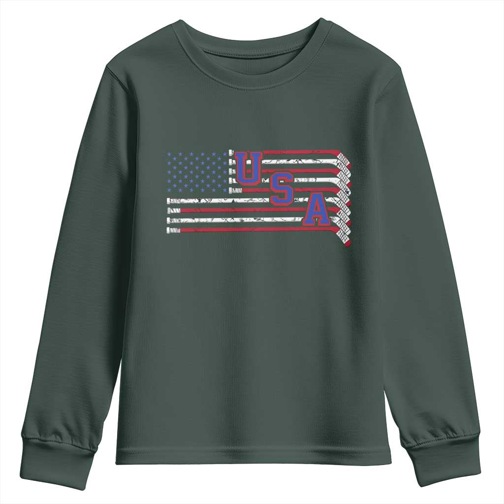 Ice Hockey Sticks American Flag Youth Sweatshirt Patriotic Hockey Fan TS14 Dark Forest Green Print Your Wear
