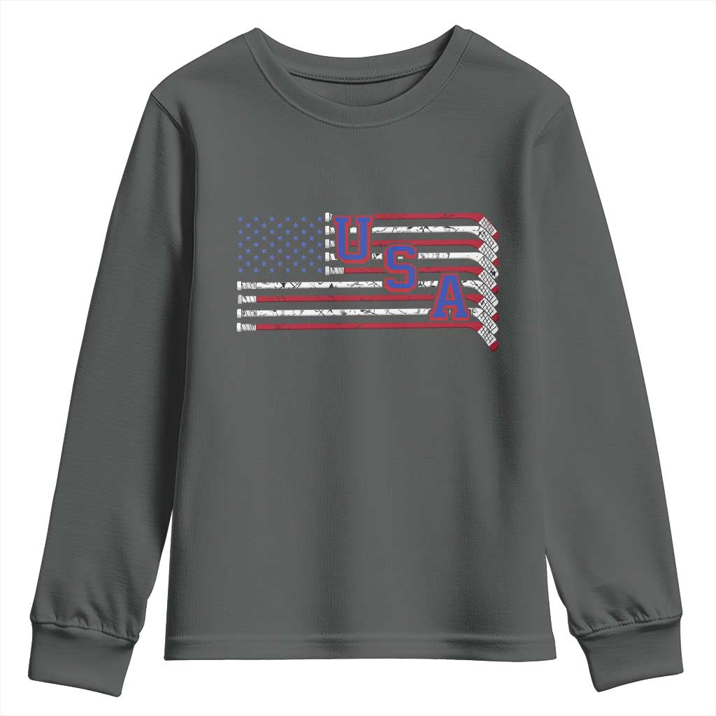 Ice Hockey Sticks American Flag Youth Sweatshirt Patriotic Hockey Fan TS14 Dark Heather Print Your Wear