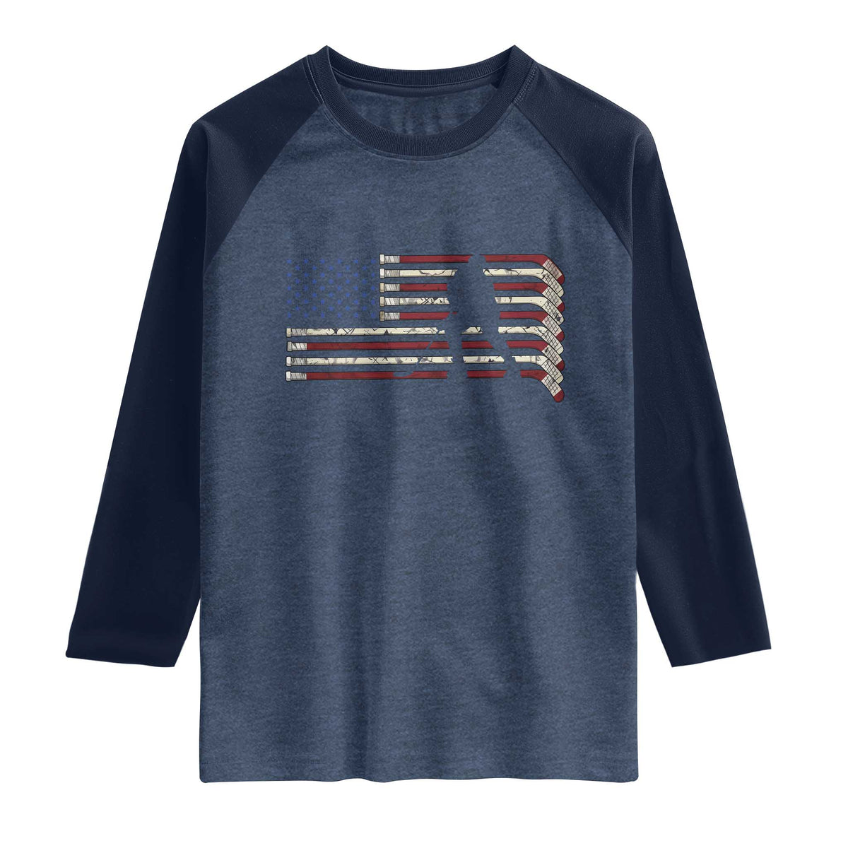 Patriotic Ice Hockey Sticks American Flag Raglan Shirt TS14 Heather Denim Navy Print Your Wear