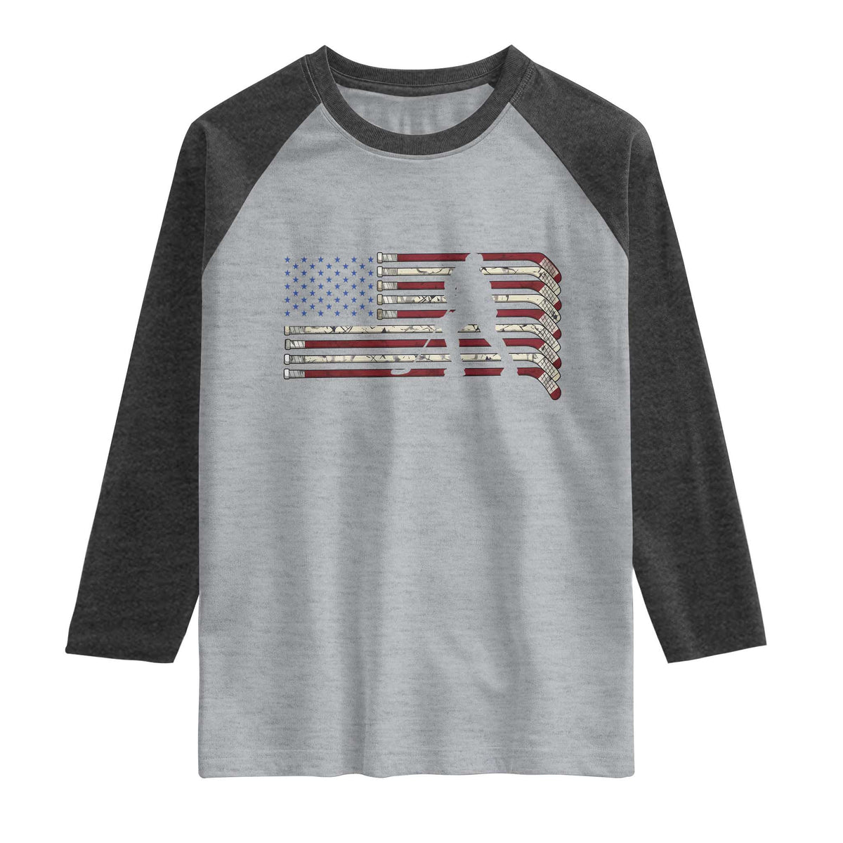 Patriotic Ice Hockey Sticks American Flag Raglan Shirt TS14 Heather Gray Heather Charcoal Print Your Wear
