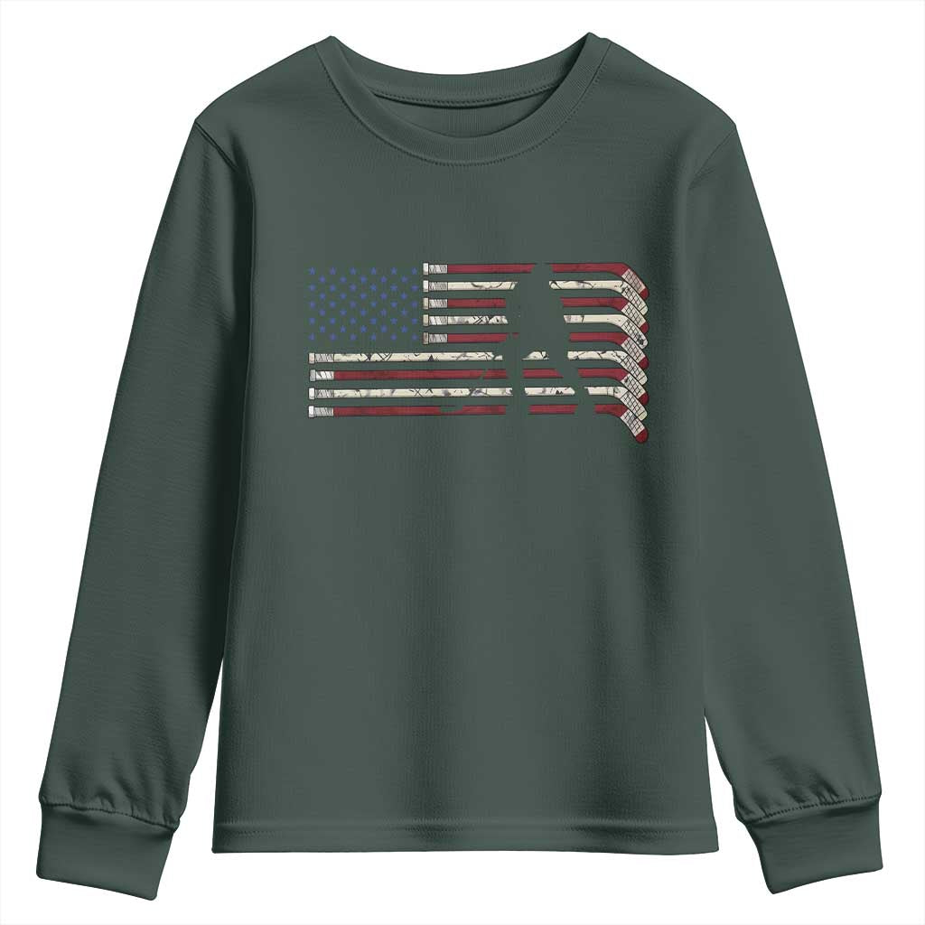Patriotic Ice Hockey Sticks American Flag Youth Sweatshirt TS14 Dark Forest Green Print Your Wear