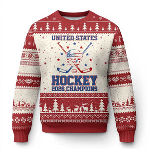 Hockey Champions 2026 Ugly Christmas Sweater Patriotic Ice Hockey Fan TS14 Beige Red Print Your Wear