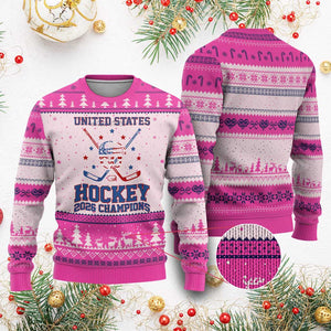 Hockey Champions 2026 Ugly Christmas Sweater Patriotic Ice Hockey Fan TS14 Hot Pink Print Your Wear