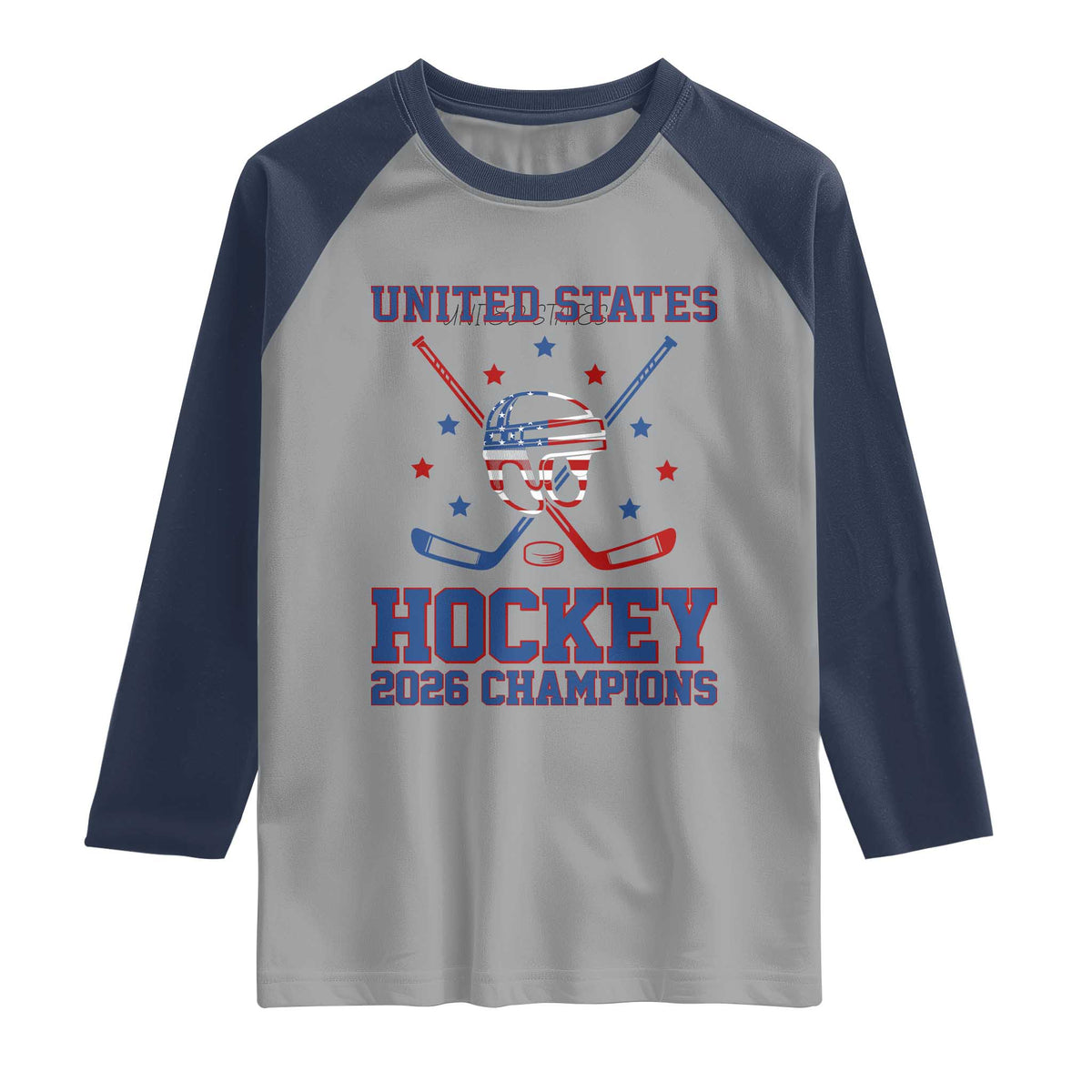 Hockey Champions 2026 Raglan Shirt Patriotic Ice Hockey Fan TS14 Sport Gray Navy Print Your Wear