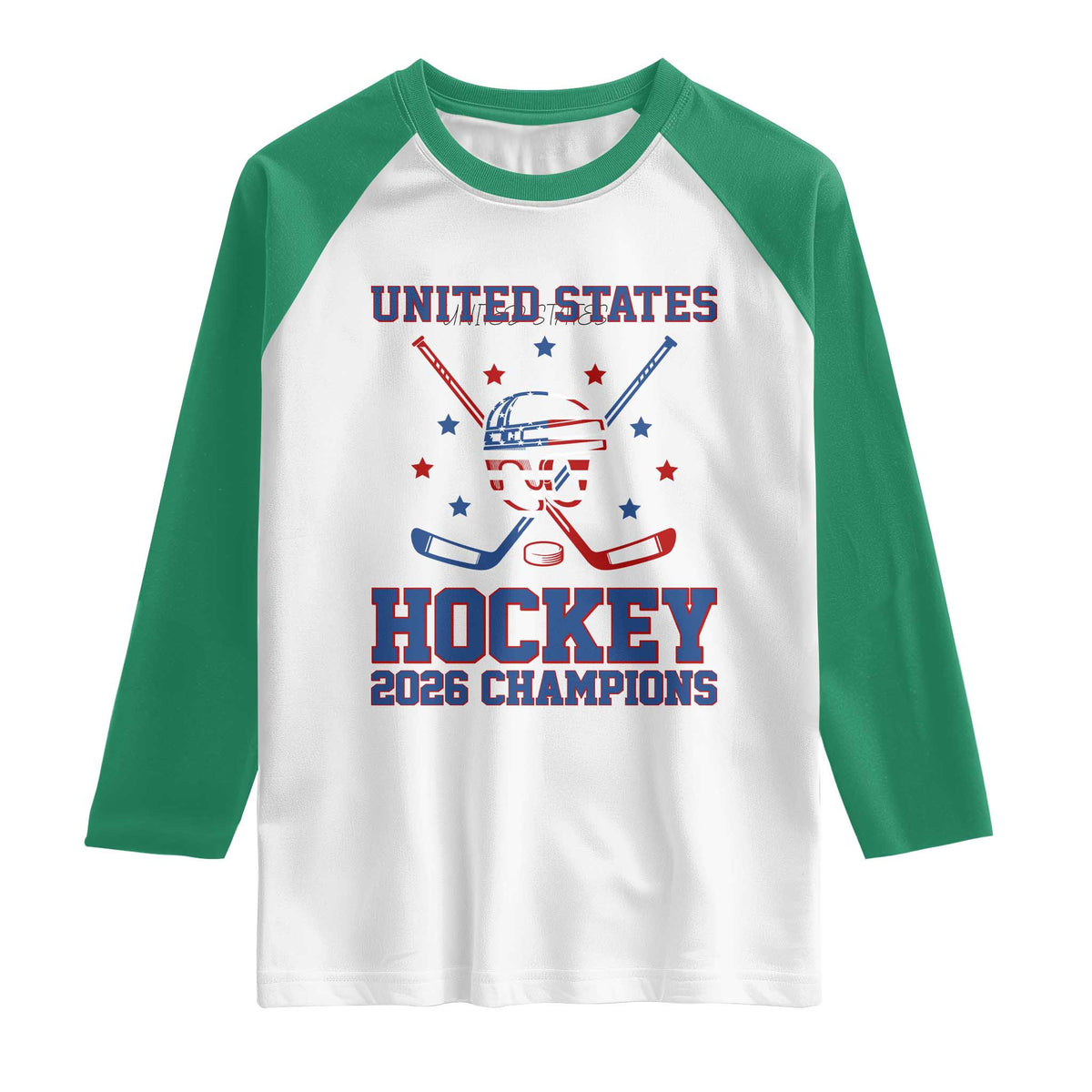 Hockey Champions 2026 Raglan Shirt Patriotic Ice Hockey Fan TS14 White Kelly Green Print Your Wear