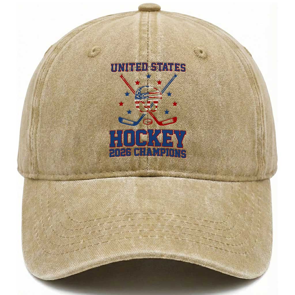 Hockey Champions 2026 Washed Cotton Baseball Cap Patriotic Ice Hockey Fan TS14 Print Your Wear