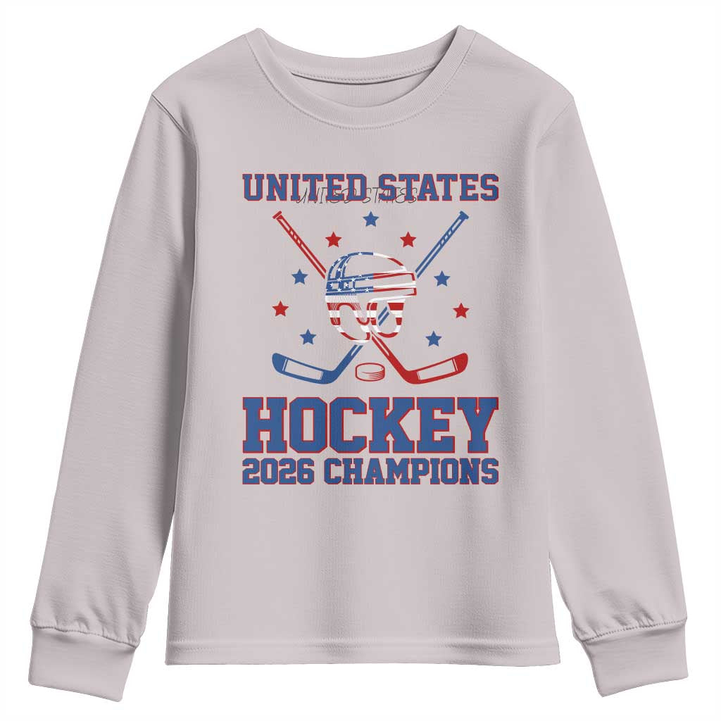Hockey Champions 2026 Youth Sweatshirt Patriotic Ice Hockey Fan TS14 Ice Gray Print Your Wear