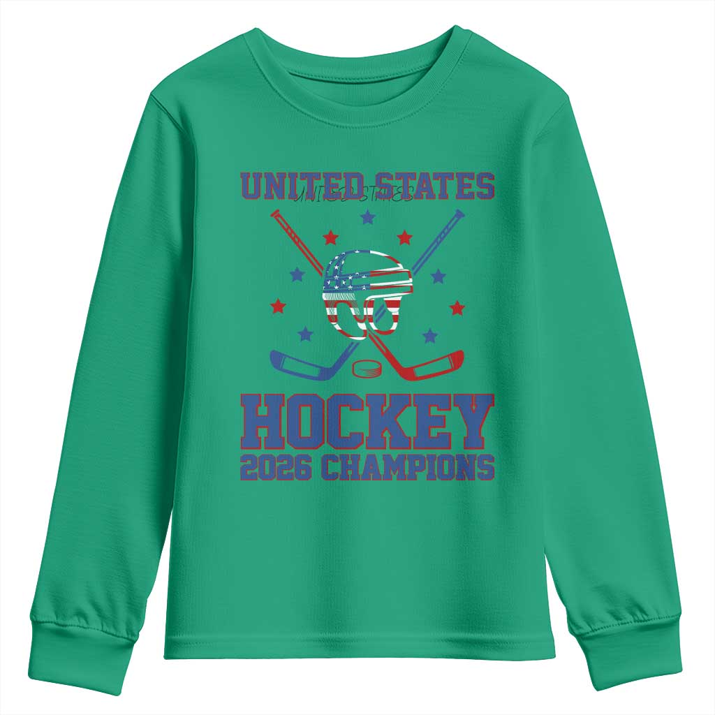 Hockey Champions 2026 Youth Sweatshirt Patriotic Ice Hockey Fan TS14 Irish Green Print Your Wear