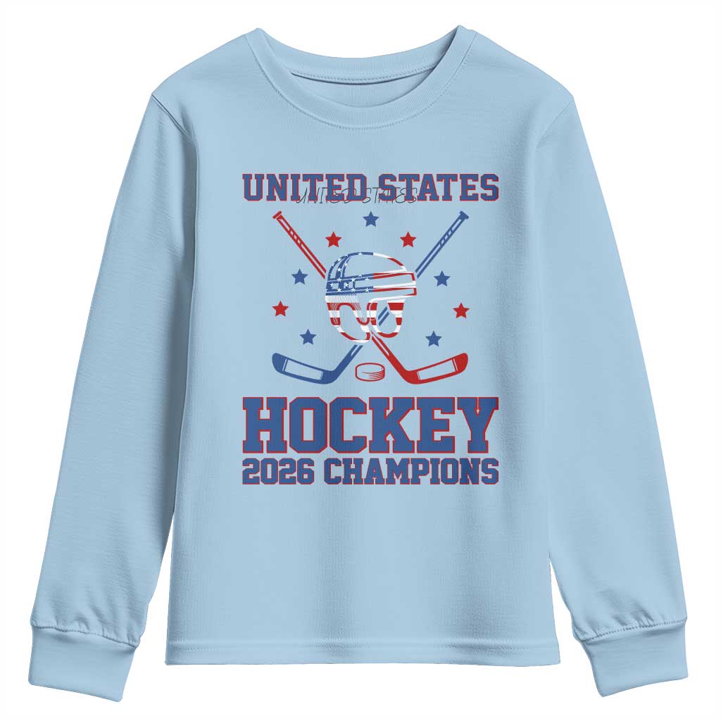Hockey Champions 2026 Youth Sweatshirt Patriotic Ice Hockey Fan TS14 Light Blue Print Your Wear