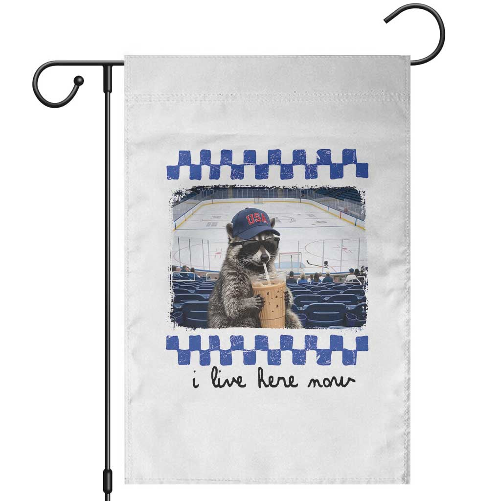 Hockey Mom Raccoon Iced Coffee Garden Flag I Live Here Now TS14 White Print Your Wear