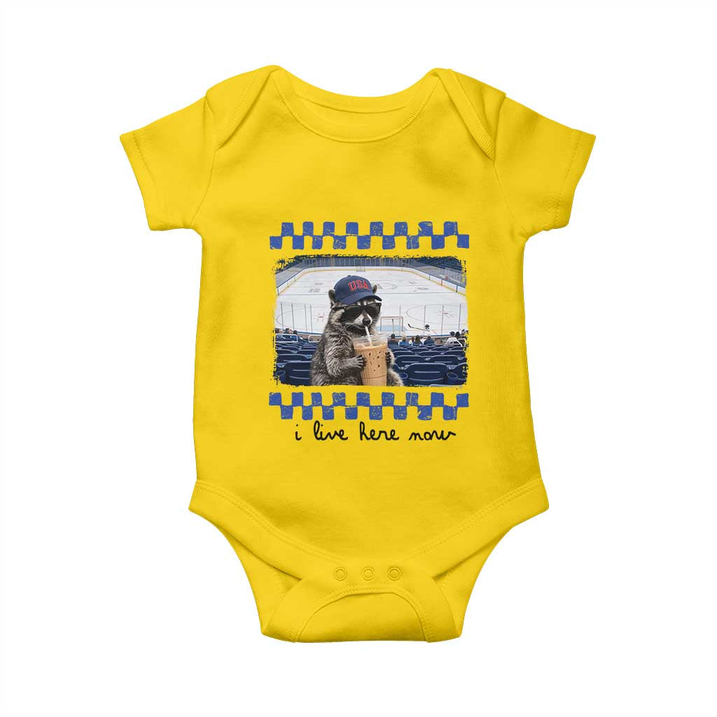 Hockey Mom Raccoon Iced Coffee Baby Onesie I Live Here Now TS14 Daisy Print Your Wear