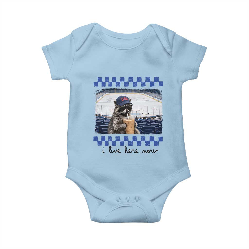 Hockey Mom Raccoon Iced Coffee Baby Onesie I Live Here Now TS14 Light Blue Print Your Wear