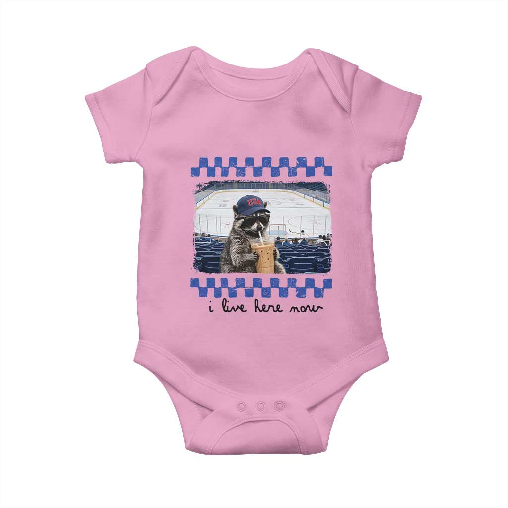 Hockey Mom Raccoon Iced Coffee Baby Onesie I Live Here Now TS14 Light Pink Print Your Wear