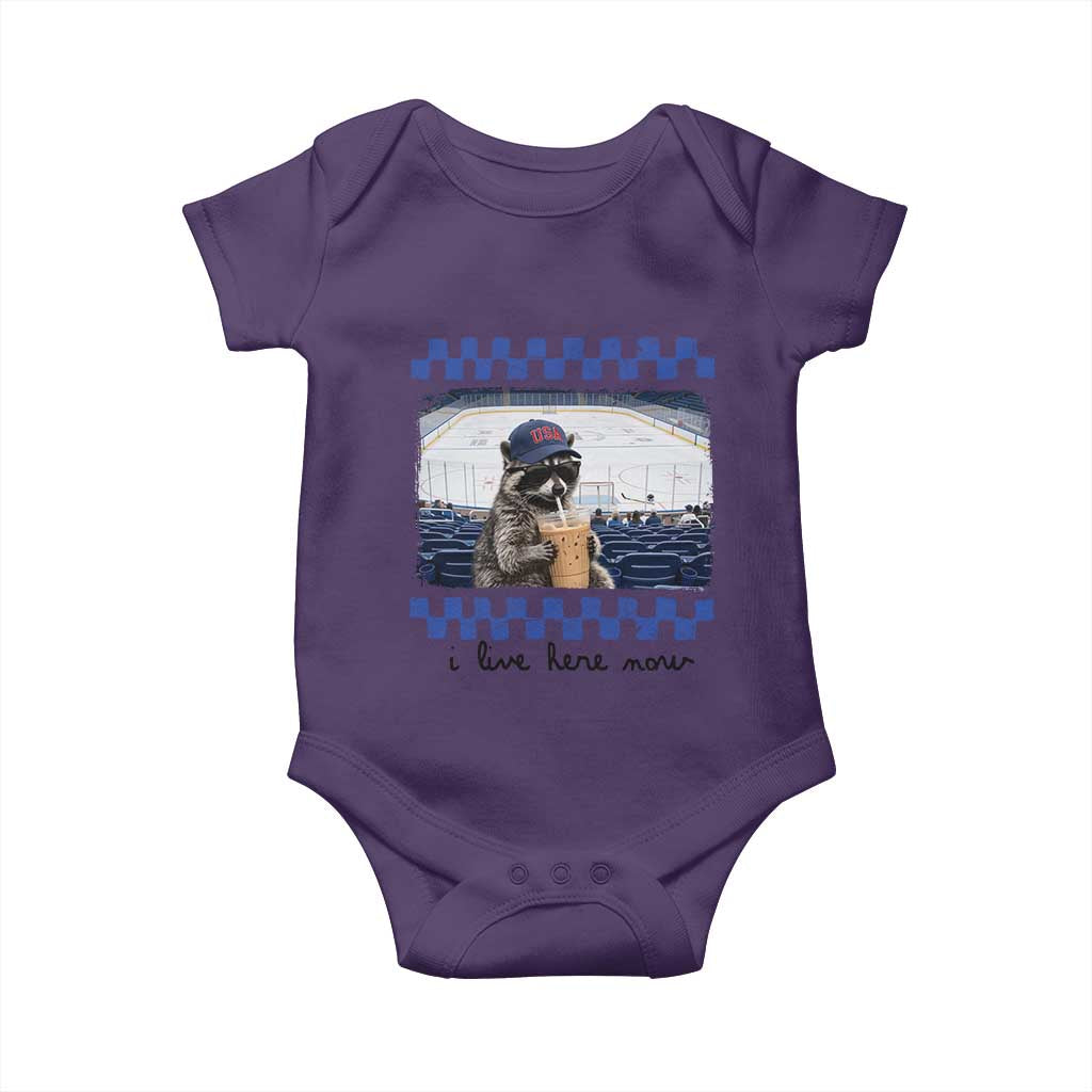 Hockey Mom Raccoon Iced Coffee Baby Onesie I Live Here Now TS14 Purple Print Your Wear