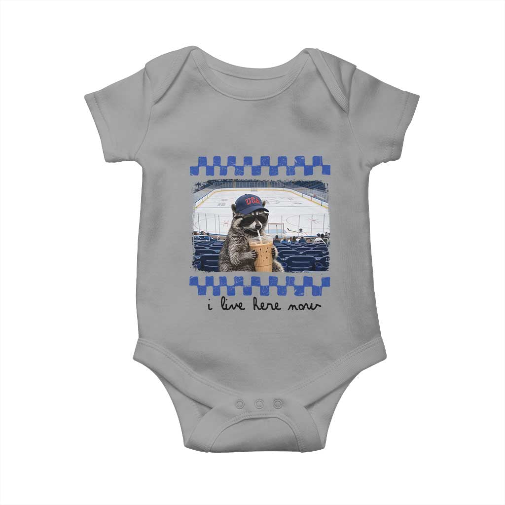 Hockey Mom Raccoon Iced Coffee Baby Onesie I Live Here Now TS14 Sport Gray Print Your Wear