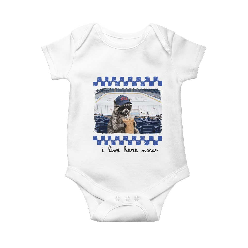 Hockey Mom Raccoon Iced Coffee Baby Onesie I Live Here Now TS14 White Print Your Wear