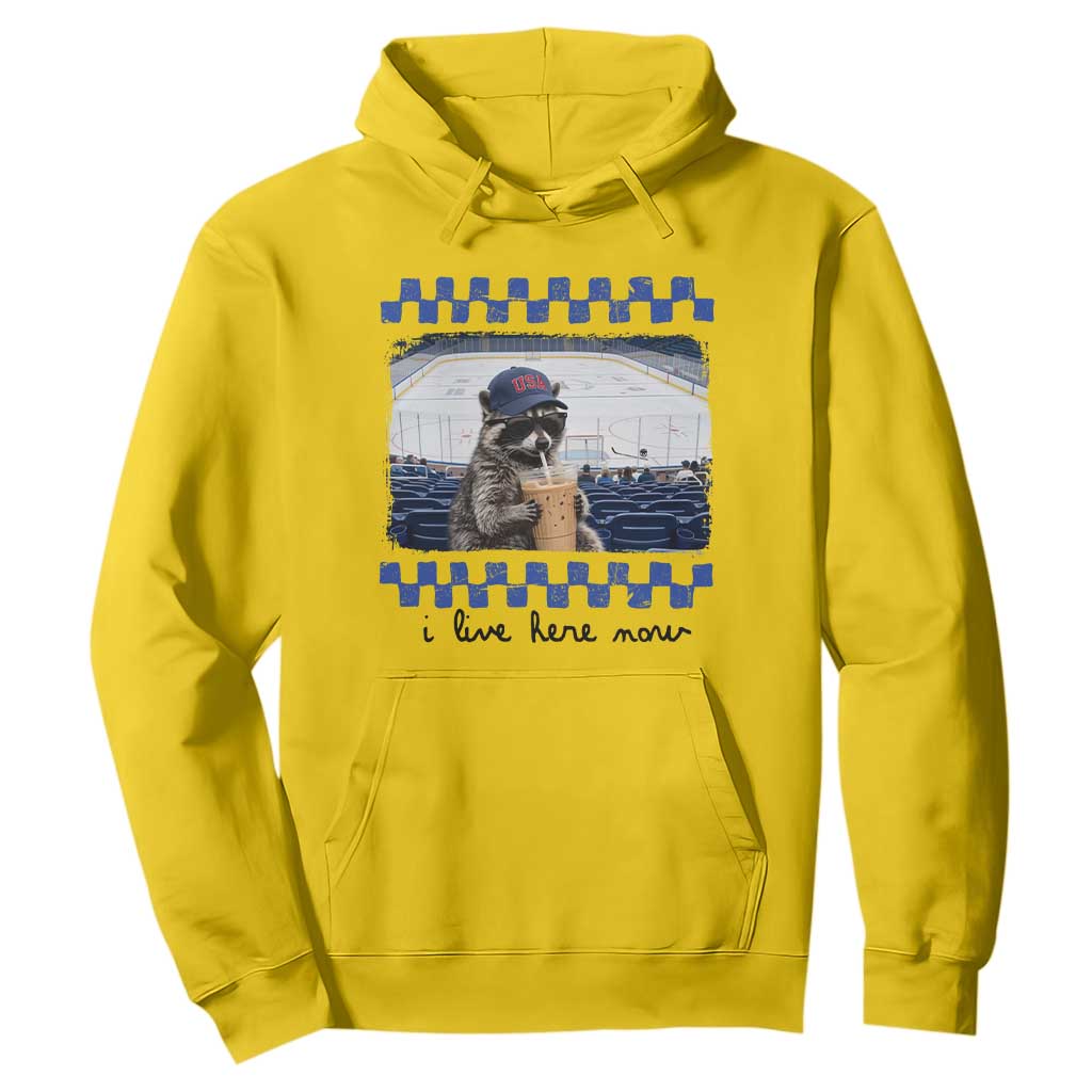 Hockey Mom Raccoon Iced Coffee Hoodie I Live Here Now TS14 Daisy Print Your Wear