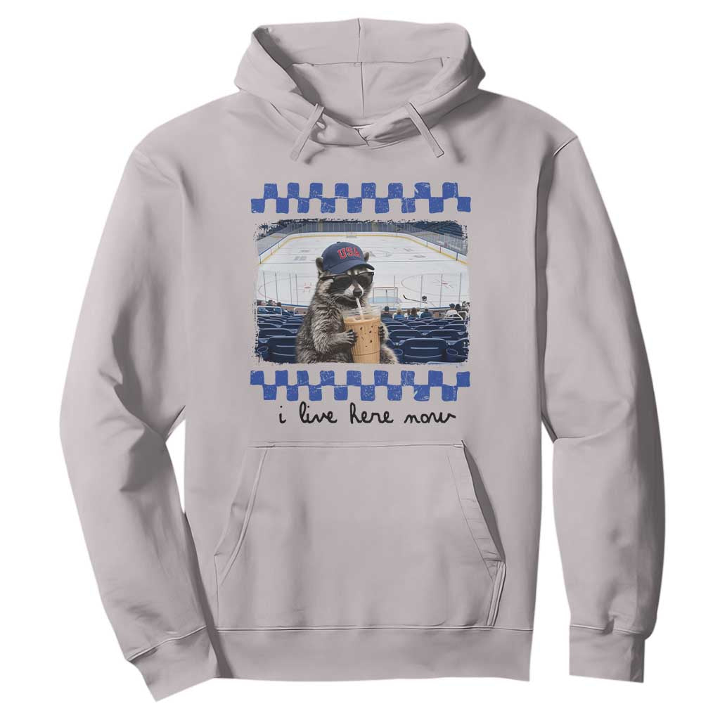 Hockey Mom Raccoon Iced Coffee Hoodie I Live Here Now TS14 Ice Gray Print Your Wear