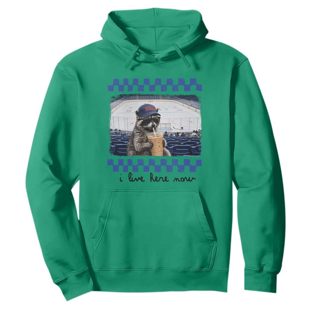 Hockey Mom Raccoon Iced Coffee Hoodie I Live Here Now TS14 Irish Green Print Your Wear