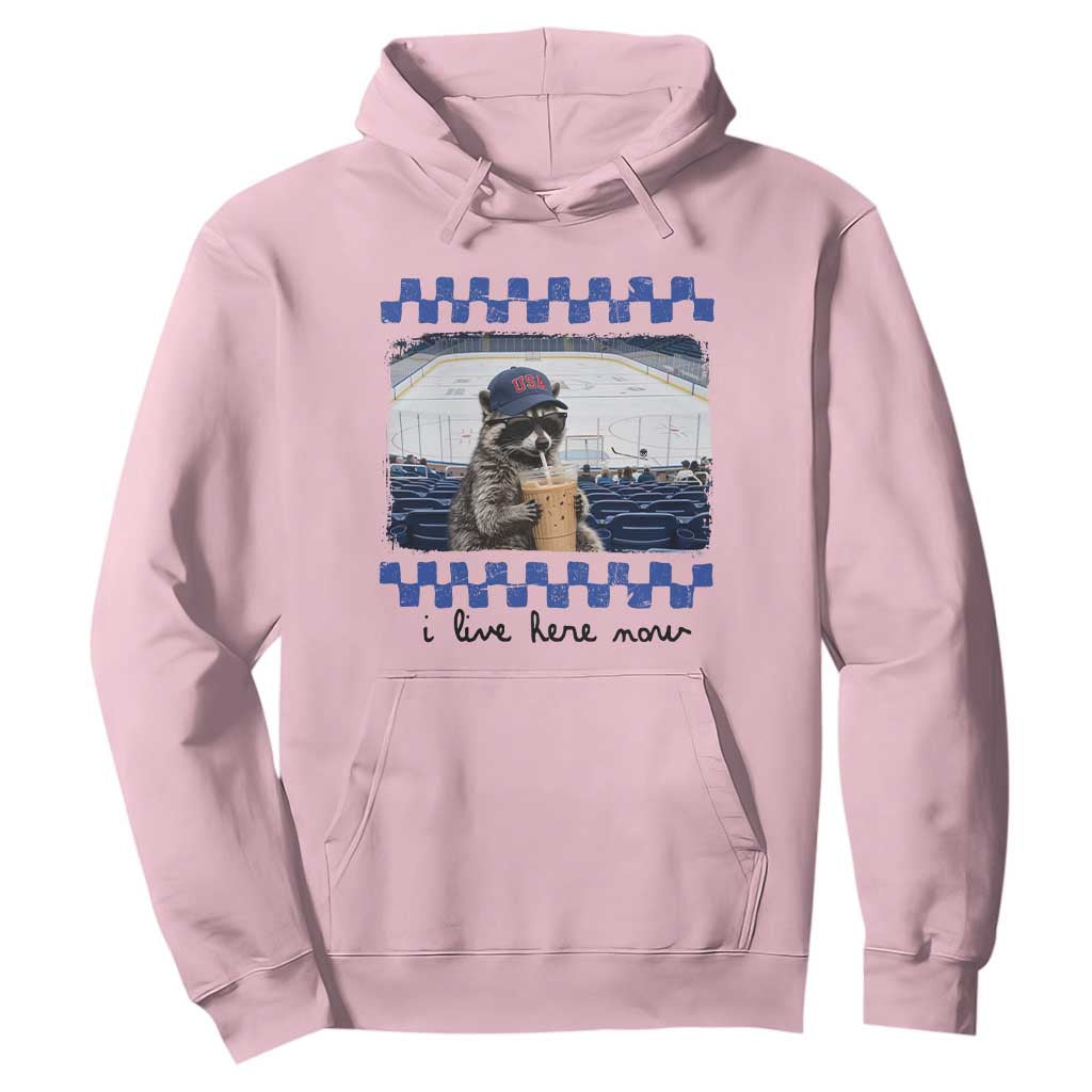Hockey Mom Raccoon Iced Coffee Hoodie I Live Here Now TS14 Light Pink Print Your Wear