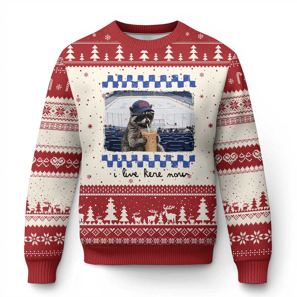 Hockey Mom Raccoon Iced Coffee Ugly Christmas Sweater I Live Here Now TS14 Beige Red Print Your Wear