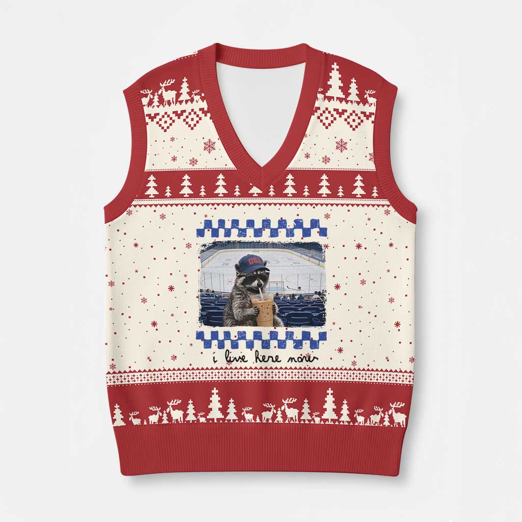 Hockey Mom Raccoon Iced Coffee V-Neck Knit Sweater Vest I Live Here Now TS14 Beige Red Print Your Wear