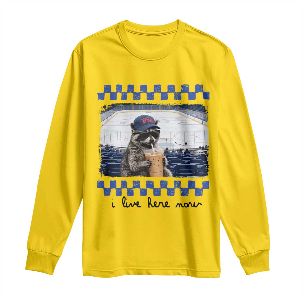 Hockey Mom Raccoon Iced Coffee Long Sleeve Shirt I Live Here Now TS14 Daisy Print Your Wear