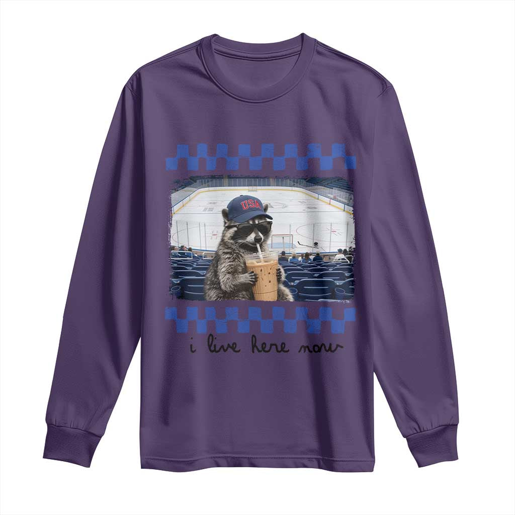 Hockey Mom Raccoon Iced Coffee Long Sleeve Shirt I Live Here Now TS14 Purple Print Your Wear