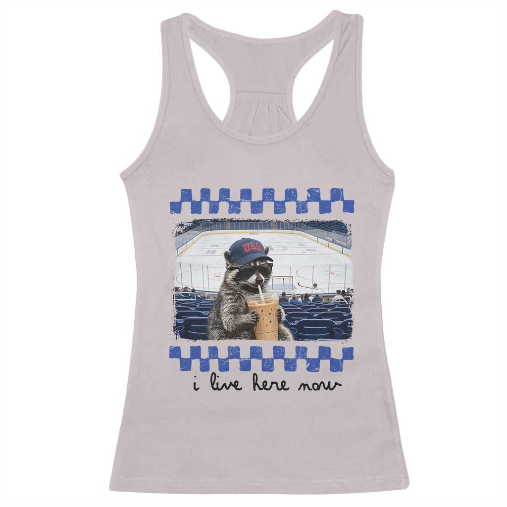 Hockey Mom Raccoon Iced Coffee Racerback Tank Top I Live Here Now TS14 Ice Gray Print Your Wear