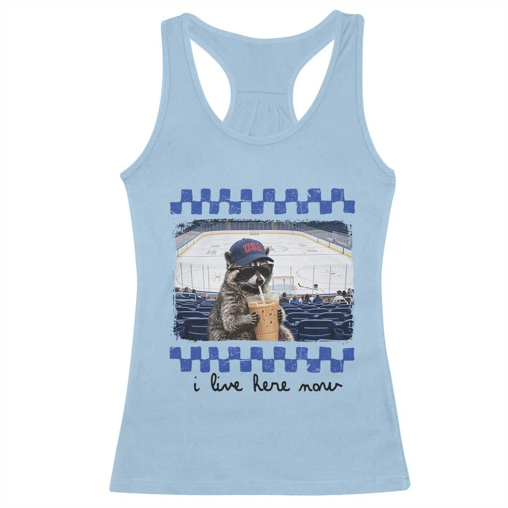 Hockey Mom Raccoon Iced Coffee Racerback Tank Top I Live Here Now TS14 Light Blue Print Your Wear