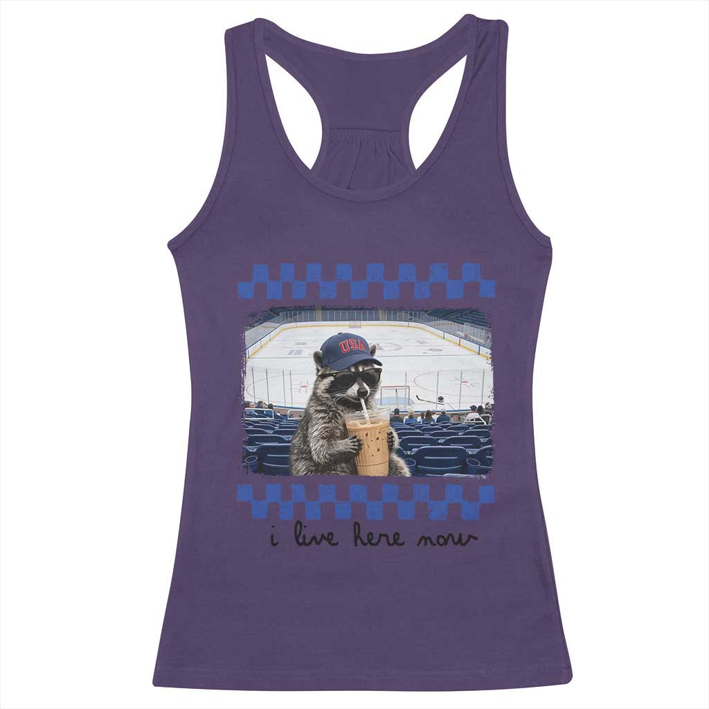 Hockey Mom Raccoon Iced Coffee Racerback Tank Top I Live Here Now TS14 Purple Print Your Wear
