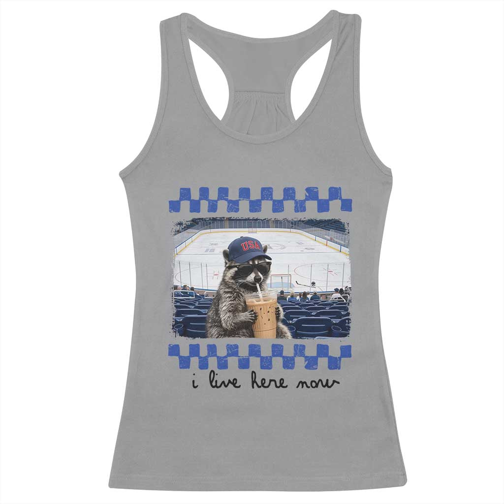 Hockey Mom Raccoon Iced Coffee Racerback Tank Top I Live Here Now TS14 Sport Gray Print Your Wear
